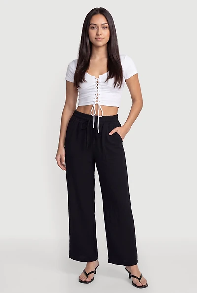 Solid Crepe Knit Drawstring Waist Wide Leg Pants