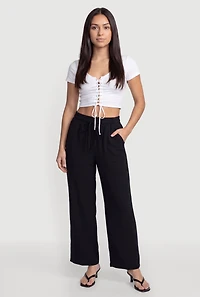 Solid Crepe Knit Drawstring Waist Wide Leg Pants