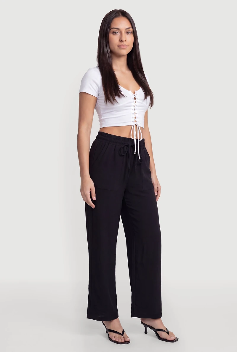 Solid Crepe Knit Drawstring Waist Wide Leg Pants