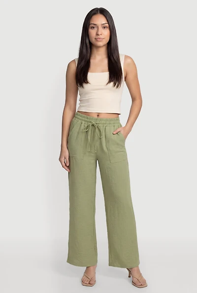 Solid Crepe Knit Drawstring Waist Wide Leg Pants