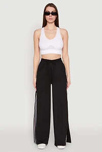 Womens Pintuck Varsity Stripe Side Slit Pants, Black, Size S