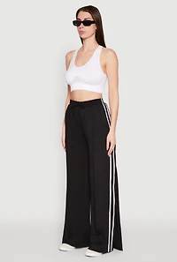 Womens Pintuck Varsity Stripe Side Slit Pants, Black, Size S