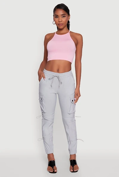 Womens Stylish Cargo Pocket Toggle Drawstring Joggers, Silver, Size M