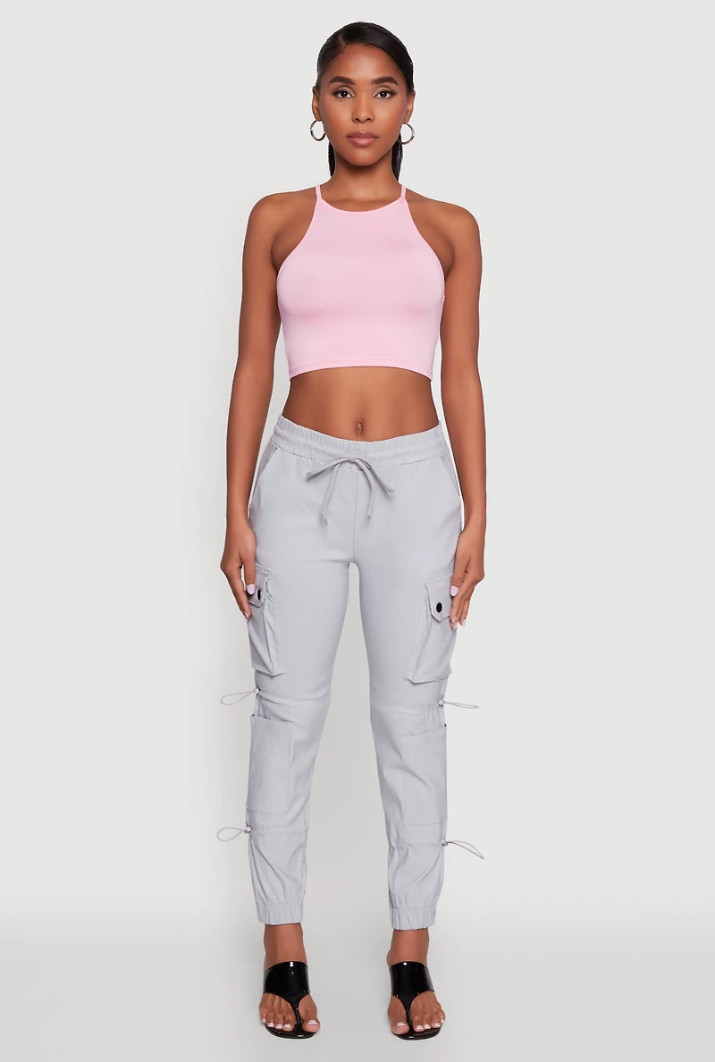 Womens Stylish Cargo Pocket Toggle Drawstring Joggers, Silver,