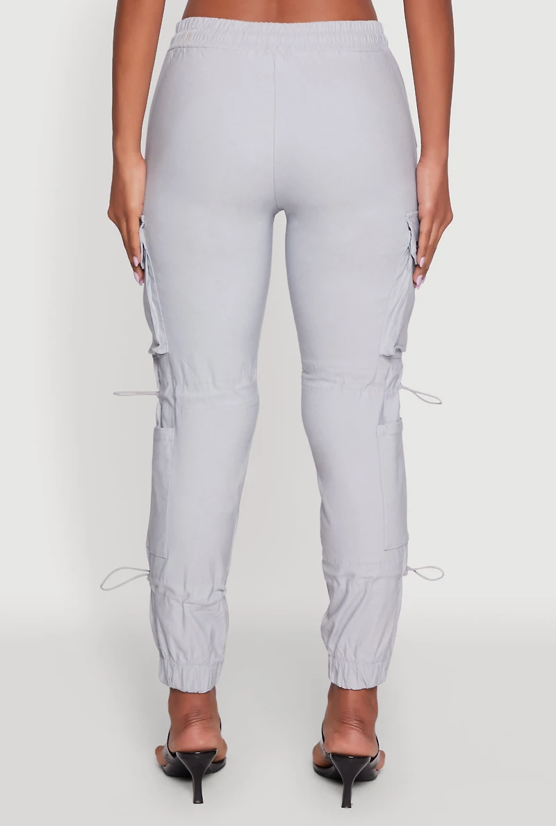 Womens Stylish Cargo Pocket Toggle Drawstring Joggers, Silver,