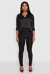 Womens Body Contour Windowpane Plaid Pants, Black, Size M