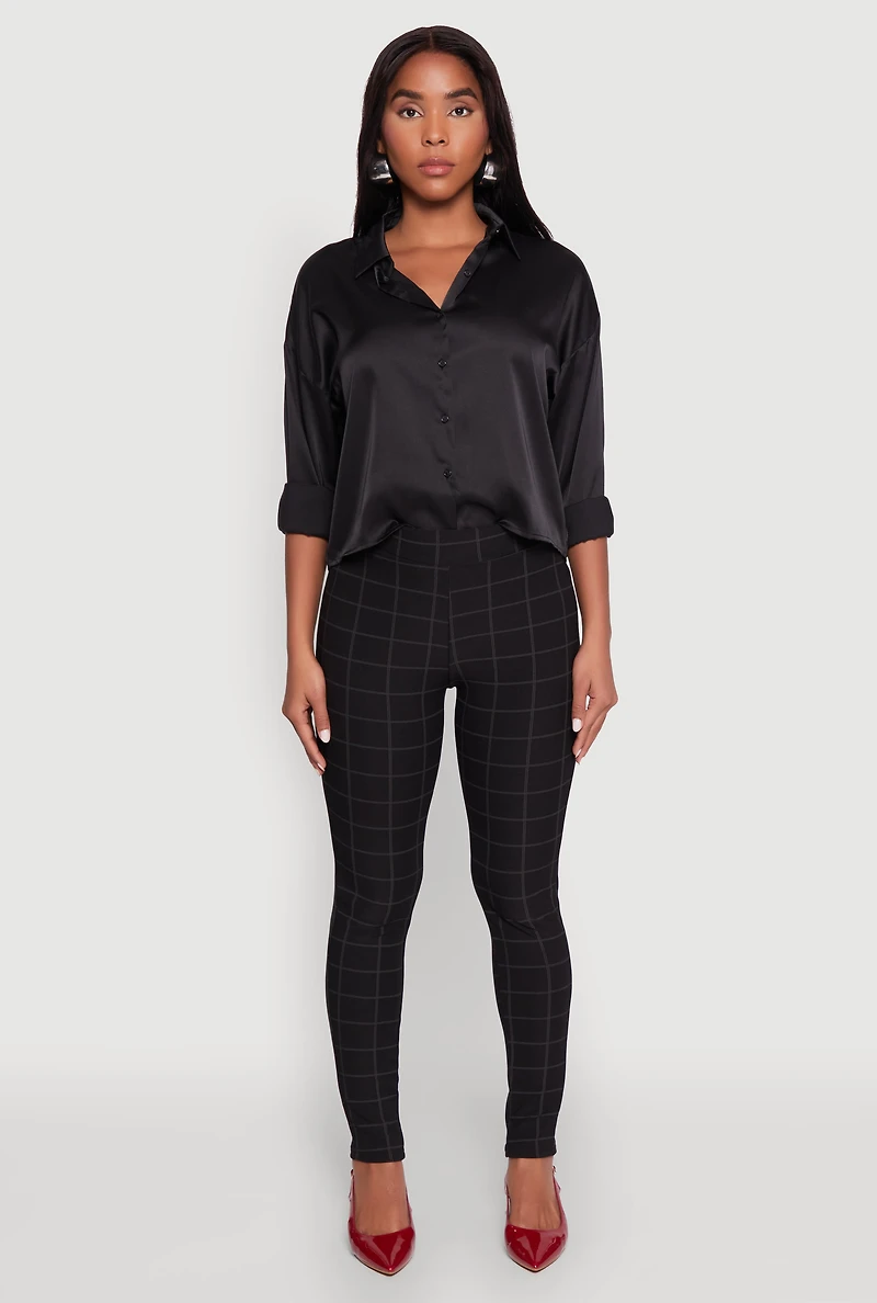 Womens Body Contour Windowpane Plaid Pants, Black, Size L