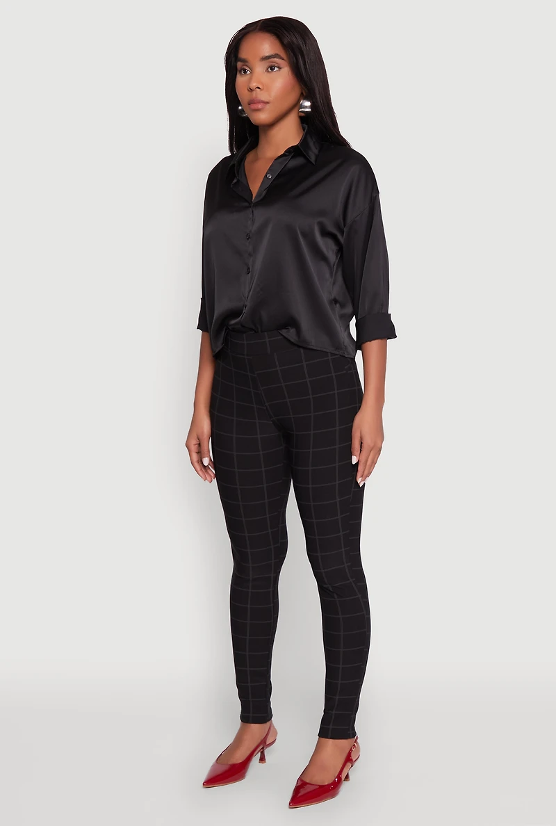 Womens Body Contour Windowpane Plaid Pants, Black, Size L