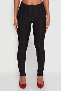 Womens Body Contour Windowpane Plaid Pants, Black, Size M