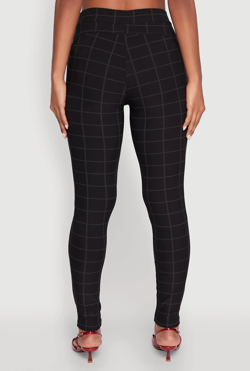 Womens Body Contour Windowpane Plaid Pants, Black, Size L