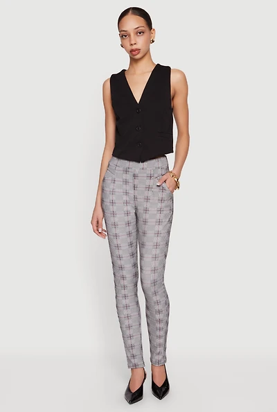 Houndstooth Plaid Pull On Skinny Pants