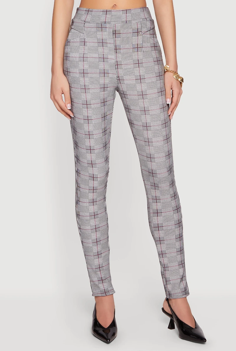 Houndstooth Plaid Pull On Skinny Pants