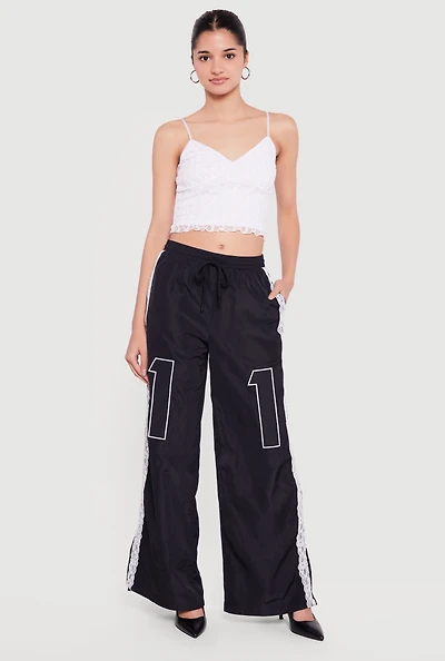 Drawstring Waist Lace Detail Graphic Wide Leg Pants