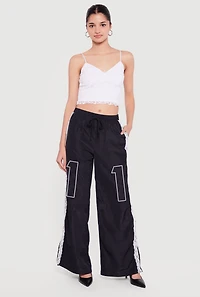 Drawstring Waist Lace Detail Graphic Wide Leg Pants