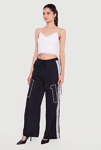 Drawstring Waist Lace Detail Graphic Wide Leg Pants