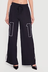 Drawstring Waist Lace Detail Graphic Wide Leg Pants