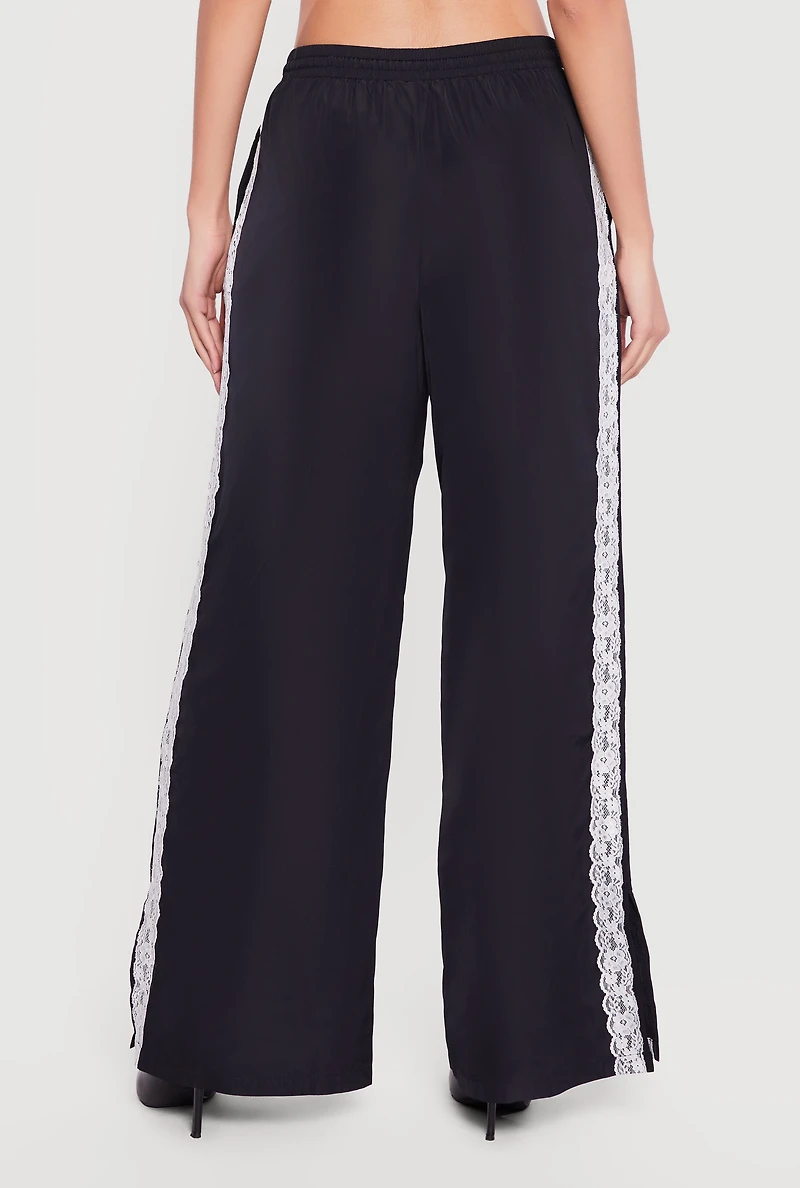 Drawstring Waist Lace Detail Graphic Wide Leg Pants