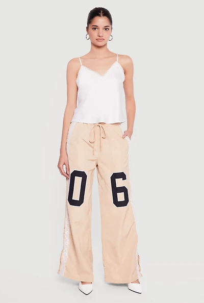 Drawstring Waist Lace Detail Graphic Wide Leg Pants