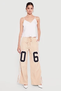 Drawstring Waist Lace Detail Graphic Wide Leg Pants