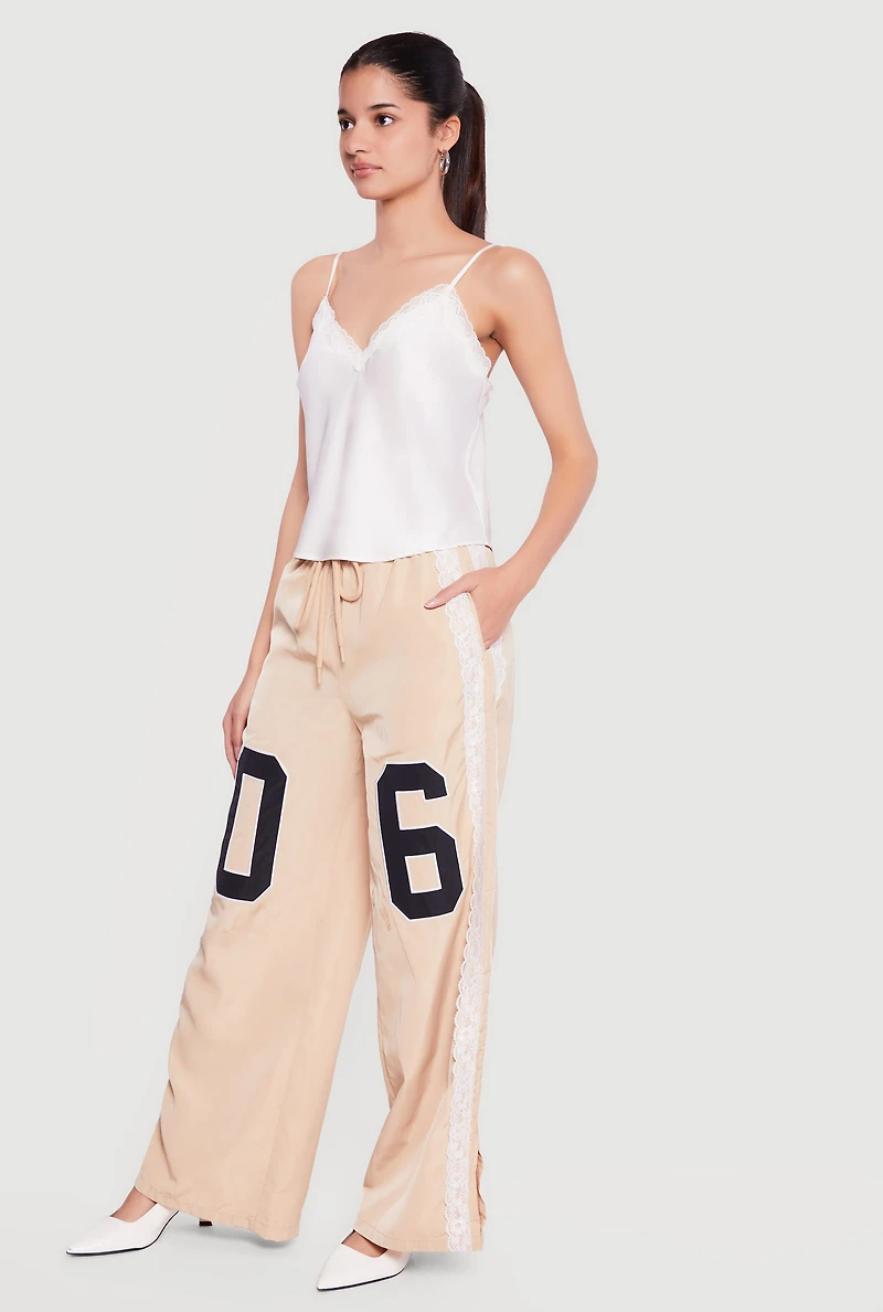Drawstring Waist Lace Detail Graphic Wide Leg Pants
