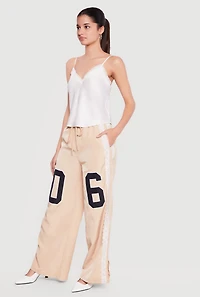 Drawstring Waist Lace Detail Graphic Wide Leg Pants