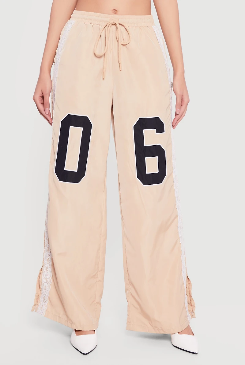 Drawstring Waist Lace Detail Graphic Wide Leg Pants