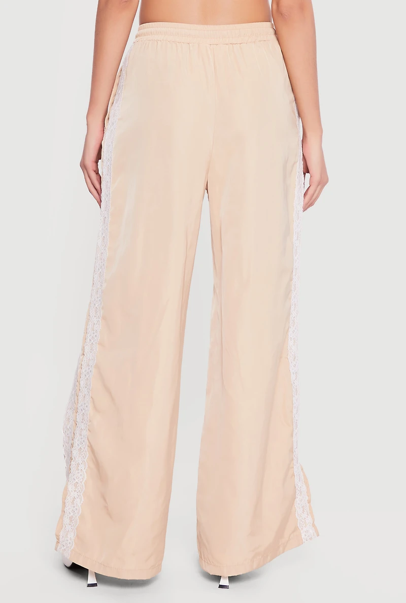 Drawstring Waist Lace Detail Graphic Wide Leg Pants