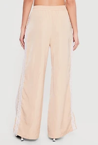 Drawstring Waist Lace Detail Graphic Wide Leg Pants