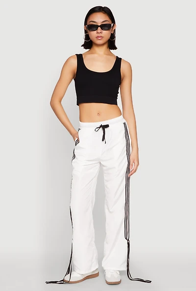 Womens Tie Side Varsity Stripe Track Pants, White,