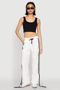 Womens Tie Side Varsity Stripe Track Pants, White, Size S
