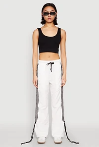 Womens Tie Side Varsity Stripe Track Pants, White,