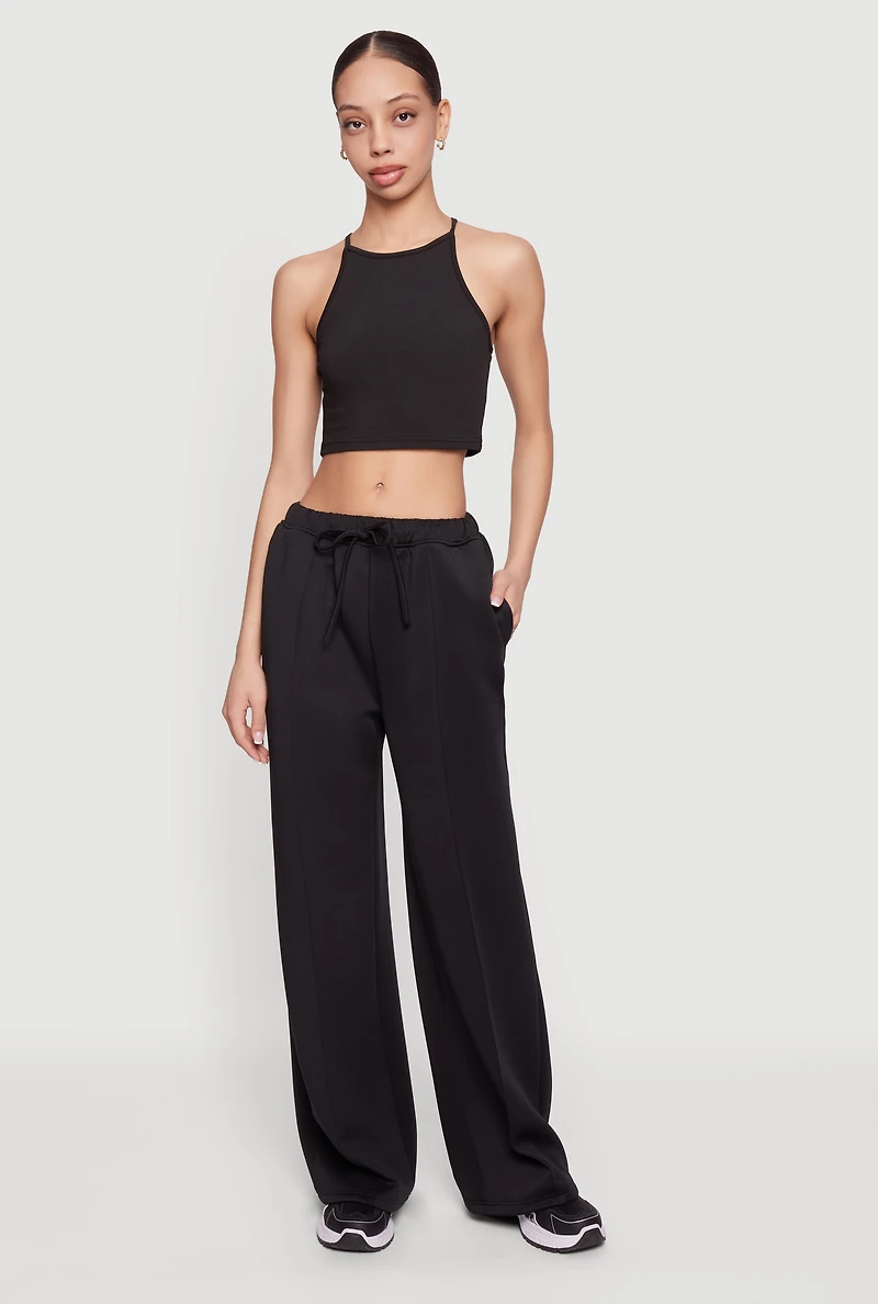 Scuba Drawstring Waist Pintuck Wide Leg Pants