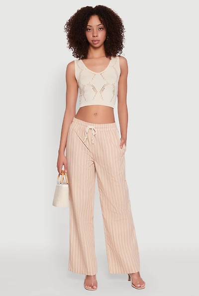 Womens Casual Striped Drawstring Waist Wide Leg Pants, Khaki, Size XL