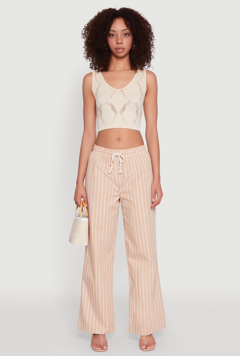 Womens Casual Striped Drawstring Waist Wide Leg Pants, S