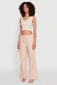 Womens Casual Striped Drawstring Waist Wide Leg Pants, Khaki, Size XL
