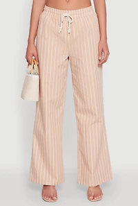 Womens Casual Striped Drawstring Waist Wide Leg Pants, Khaki, Size XL