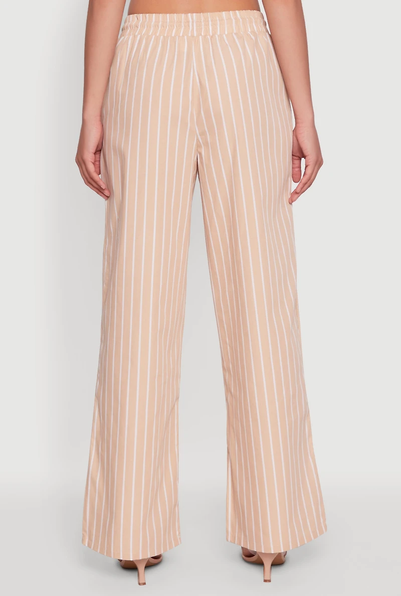 Womens Casual Striped Drawstring Waist Wide Leg Pants, S
