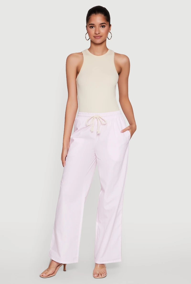 Womens Casual Striped Drawstring Waist Wide Leg Pants, Pink, Size XL