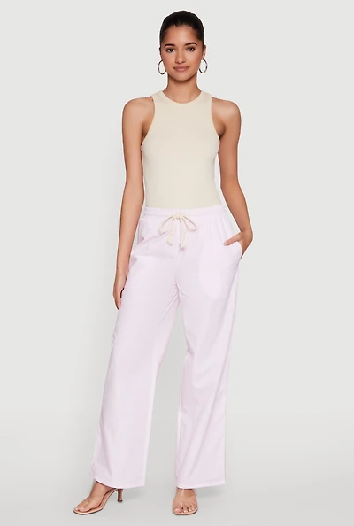 Womens Casual Striped Drawstring Waist Wide Leg Pants, Pink, Size XL