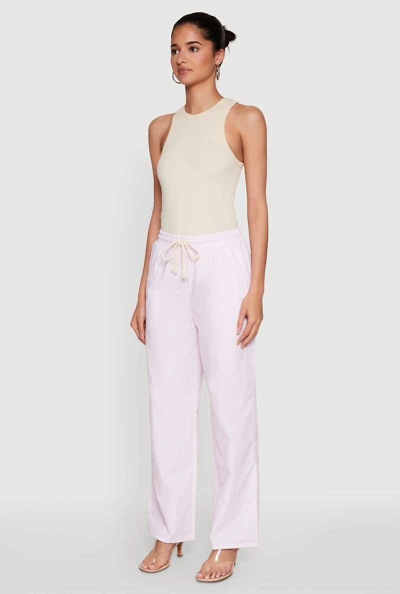Womens Casual Striped Drawstring Waist Wide Leg Pants, Pink,
