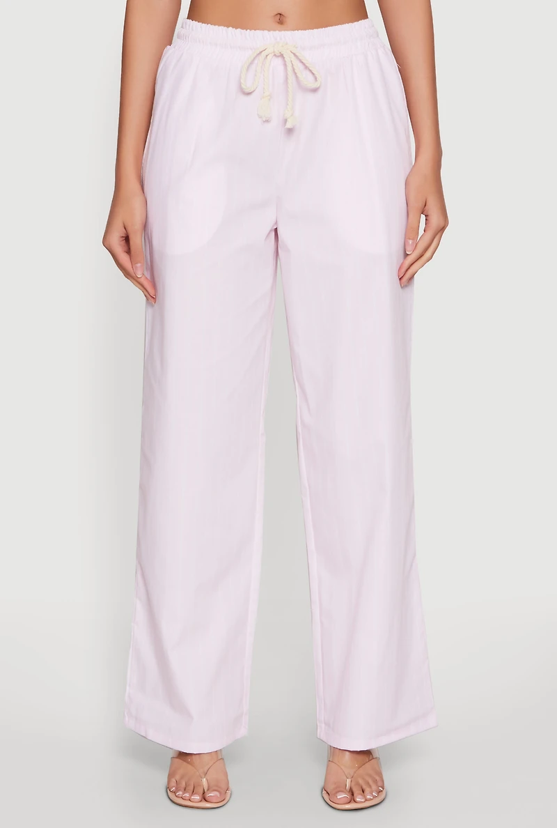 Womens Casual Striped Drawstring Waist Wide Leg Pants, Pink,