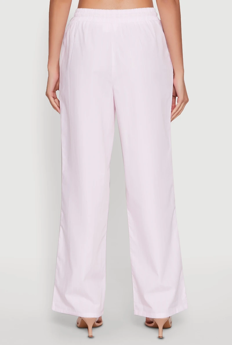Womens Casual Striped Drawstring Waist Wide Leg Pants, Pink,