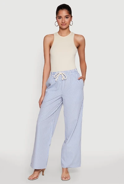 Womens Casual Striped Drawstring Waist Wide Leg Pants, Blue,