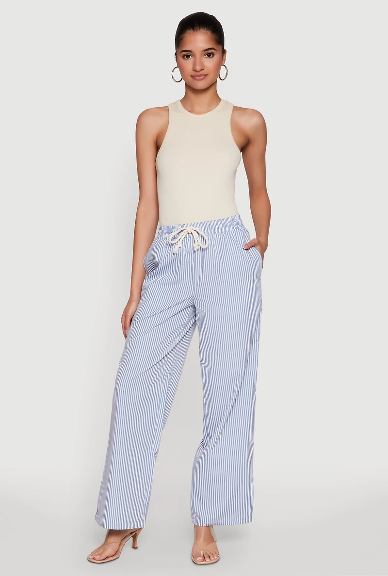 Womens Casual Striped Drawstring Waist Wide Leg Pants, Blue, Size L