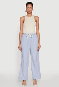 Womens Casual Striped Drawstring Waist Wide Leg Pants, Blue,