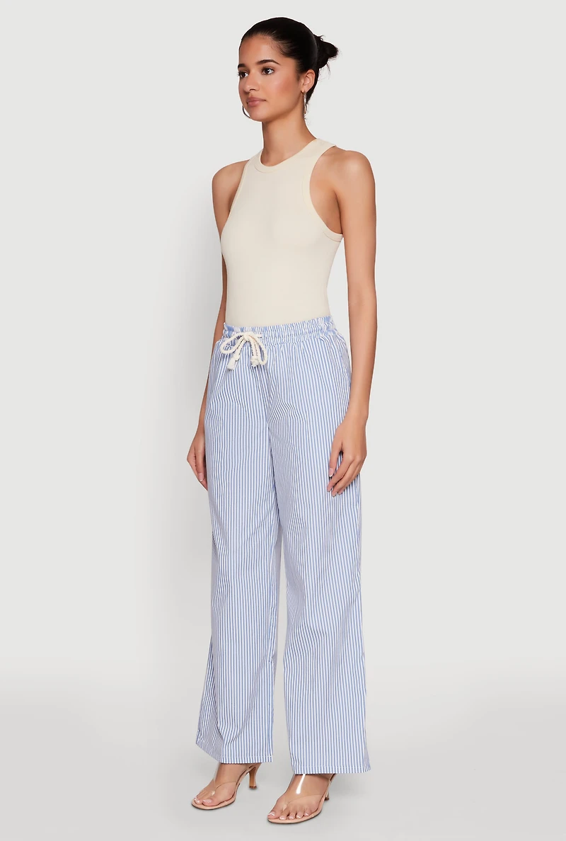 Womens Casual Striped Drawstring Waist Wide Leg Pants, Blue,