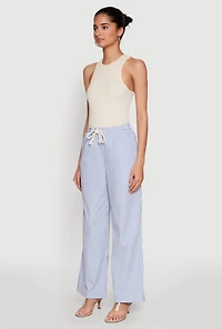 Womens Casual Striped Drawstring Waist Wide Leg Pants, Blue,