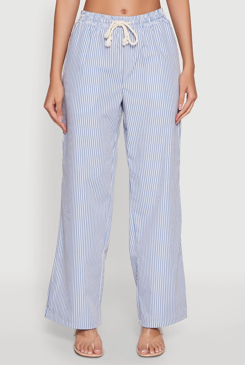 Womens Casual Striped Drawstring Waist Wide Leg Pants, Blue,