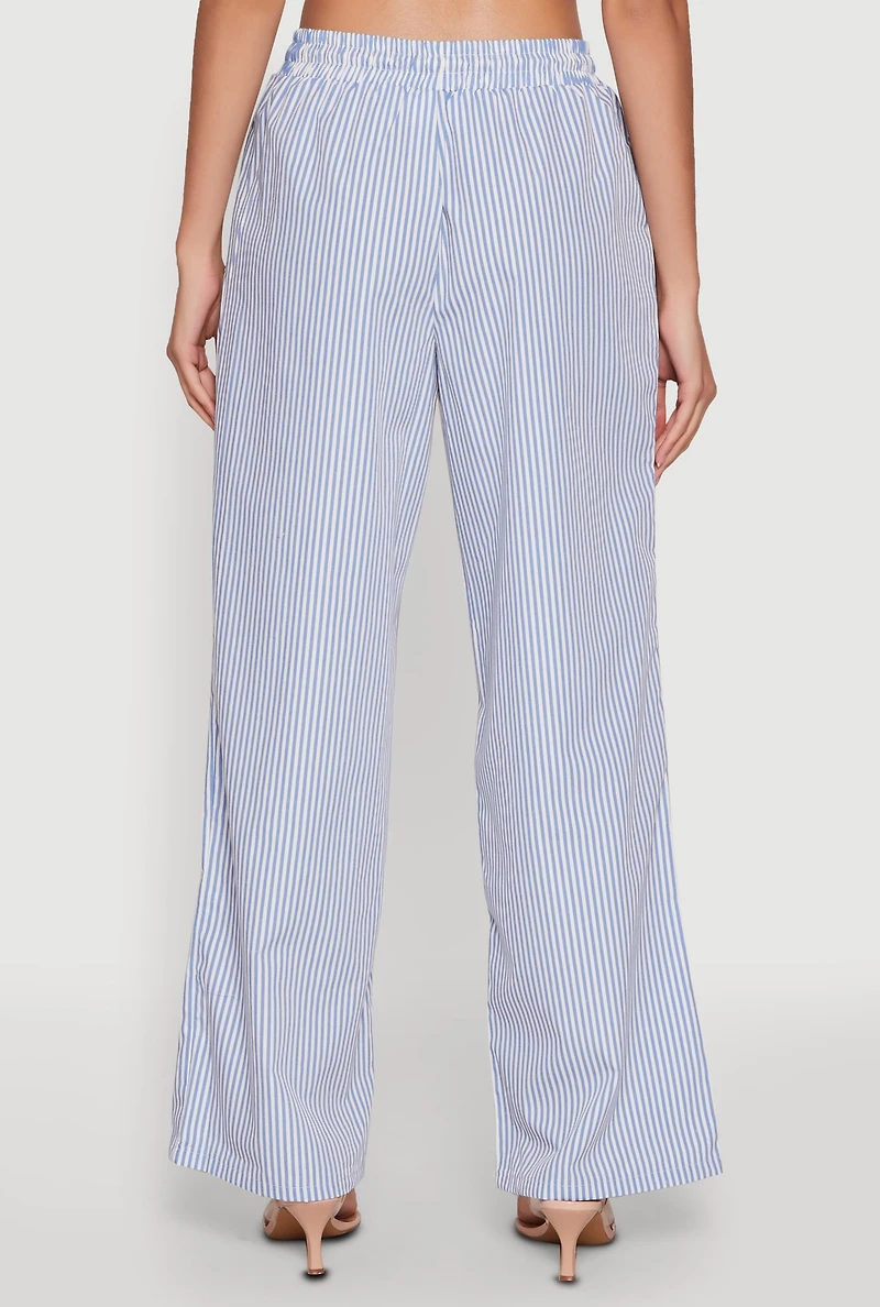 Womens Casual Striped Drawstring Waist Wide Leg Pants, Blue,