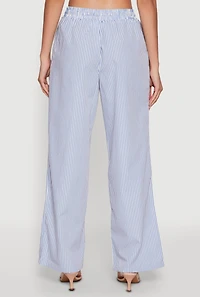 Womens Casual Striped Drawstring Waist Wide Leg Pants, Blue,